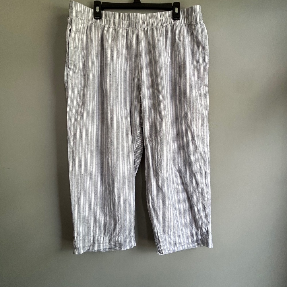Old Navy Women's XL High Rise Straight Linen Blend Gray Blue Striped Pants